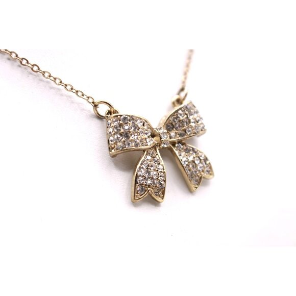 Rhinestone Sparkling Bow Pendant Necklace Gold Tone Vintage Delicate 18" - Picture 3 of 12